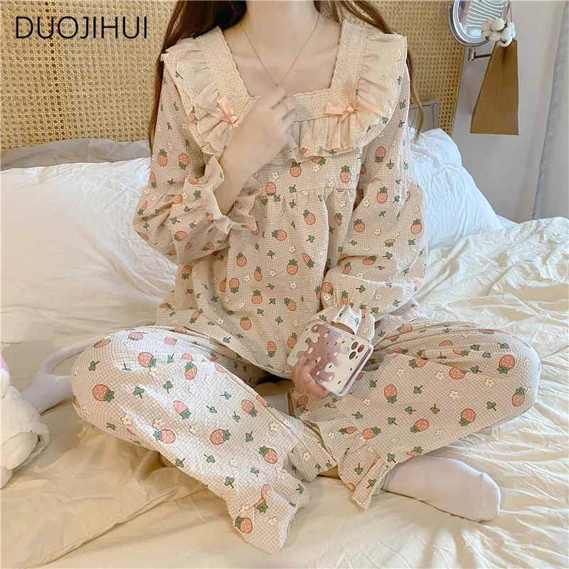 Top Trends: DUOJIHUI Two Piece Vintage Sweet Casual Home Pajamas For Women New Autumn Chicly Lace Simple Casual Fashion Female Pajamas Set Shoppable Styles