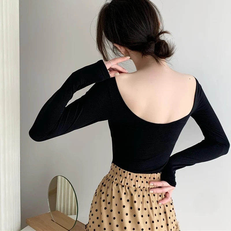 Top Trends: Long-Sleeved Thin Backless Swan Neck Black T-Shirt Women 2022 Wrap Fashion Bodycon Tops Ballet Spring Summer Camisetas De Mujer Shoppable Styles