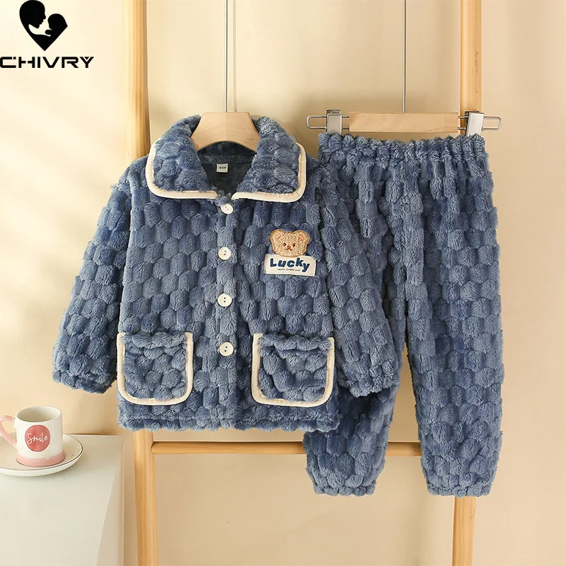 Top Trends: New Kids Boys Girls Autumn Winter Flannel Thicken Pajamas Baby Cartoon Long Sleeve Lapel Tops With Pants Sleeping Clothing Sets Shoppable Styles