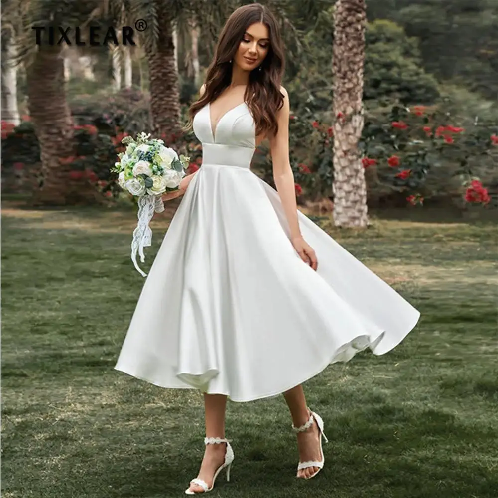 Top Trends: YEEH Simple Short Wedding Dress For Women New Civil A Line V Neck Spaghetti Straps Bridal Gown Tea-Length Robe De Mariee Shoppable Styles