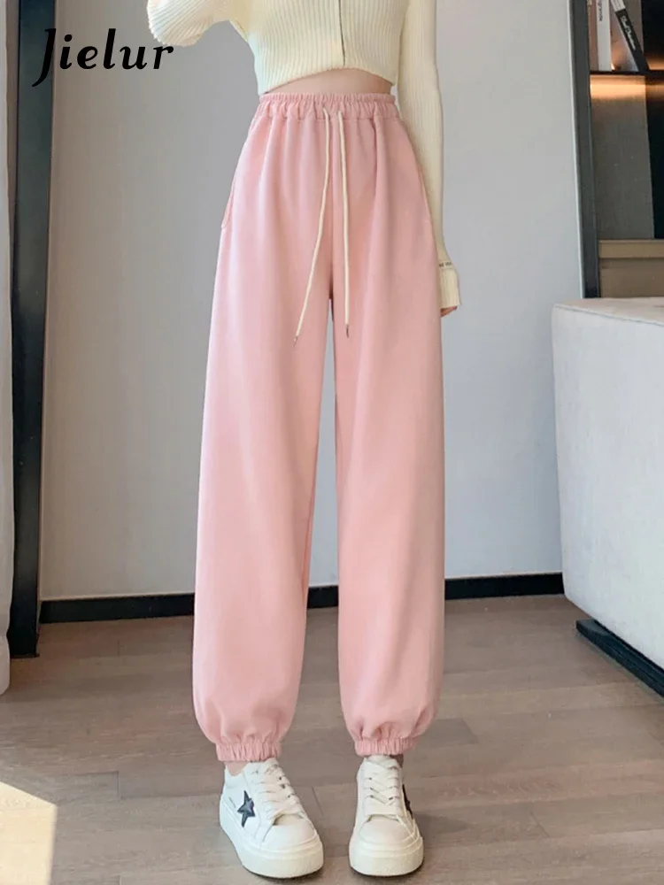 Top Trends: Jielur Pink Simple Casual Slim Female Pants Winter New Sport Solid Color Ins Drawstring Fashion Women&#039;s Trousers Office Ladies Shoppable Styles