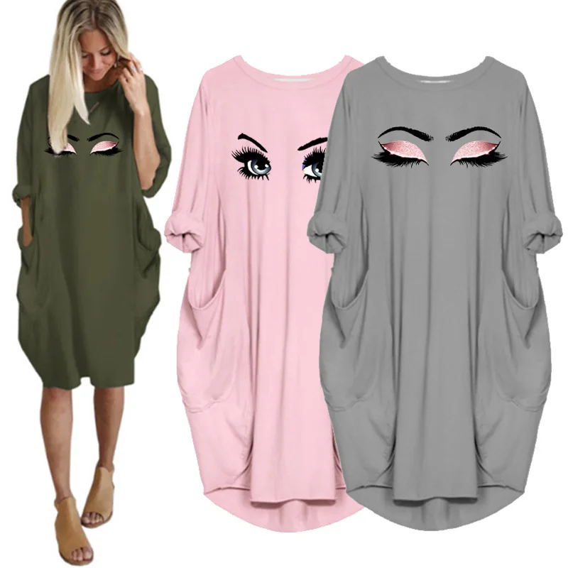 Top Trends: Ladies Dress Elegant Woman Print Eye Makeup Midi Dress Long Sleeve O Neck Beach Club Party Robe Vestidos Mujer Shoppable Styles