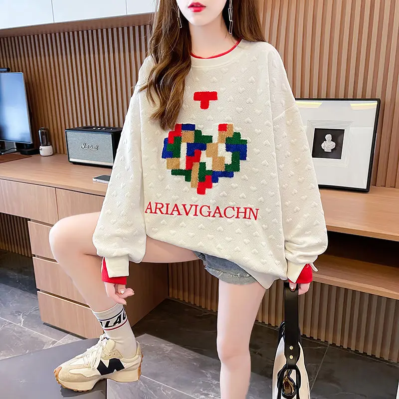 Top Trends: Fashion Spliced Printing Letter Cartoon Sweatshirts Female Clothing 2023 Autumn Winter Loose Casual Pullovers Korean Sweatshirts Shoppable Styles