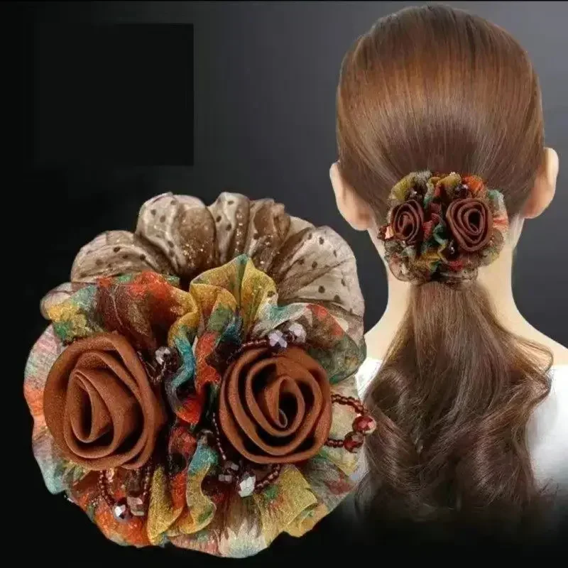 Top Trends: Temperament Mesh Flower Large Intestine Hair Band Elegant All-Match Bun Flower-Shaped Hairpin For Updo Head Rope For Women Shoppable Styles