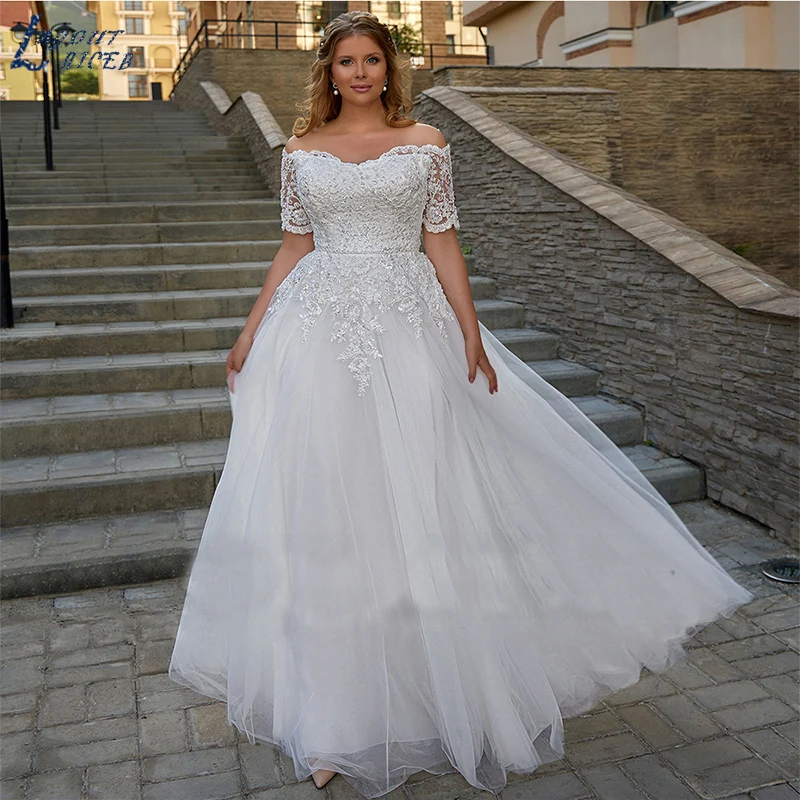 Top Trends: LAYOUT NICEB Elegant Boho Wedding Dresses For Woman Short Sleeves Off Shoulder Lace Applique Bride Gowns Boat Neck Plus Size Shoppable Styles