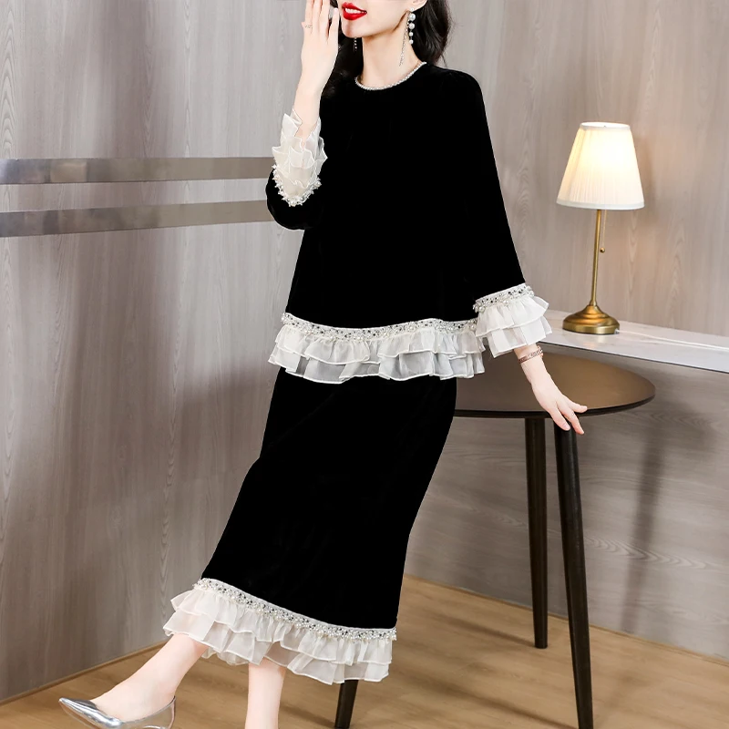 Top Trends: Autumn Black Velvet Long Sleeve Top Coat+ Hlaf Length Skirt Two Piece Sets 2024 Female Chic Patchwork Beading Ruffled Dress Suits Shoppable Styles