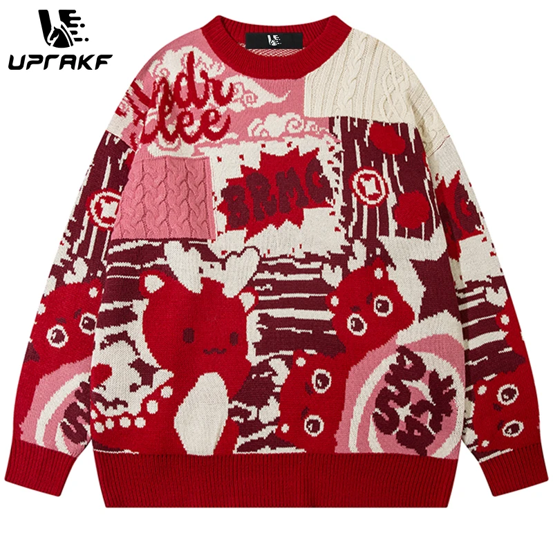 Top Trends: UPRAKF Cartoon Dragon Print Patchwork Sweater Loose All-Match Pullover Winter Tops Autumn Fashion Streetwear Shoppable Styles