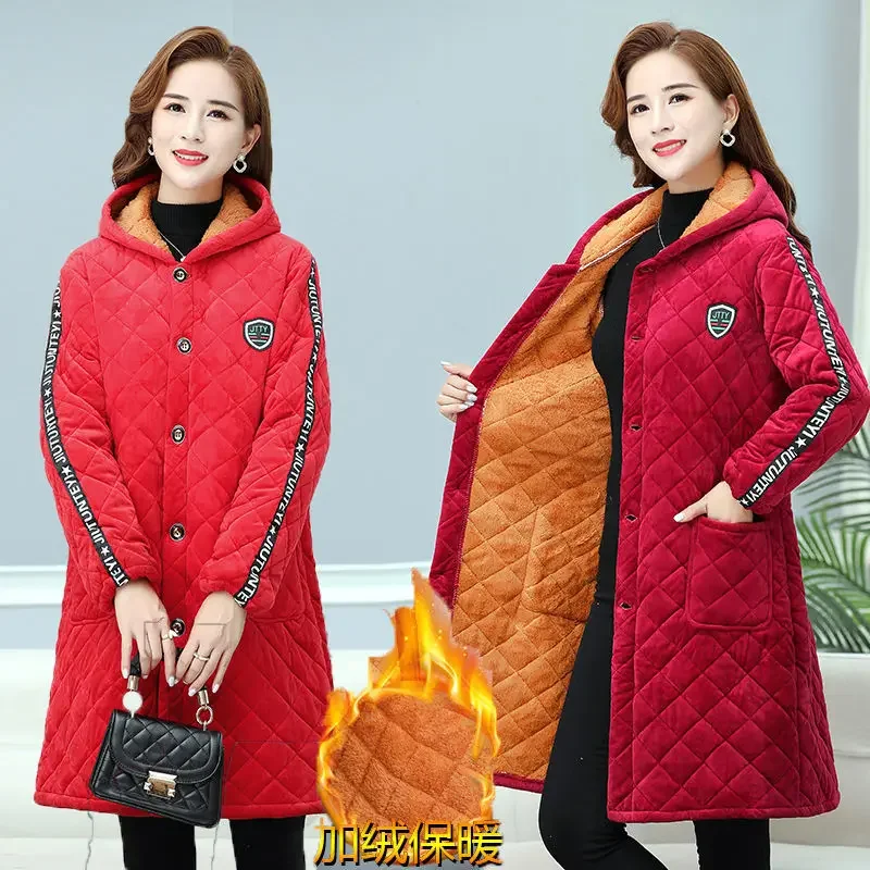 Top Trends: Women's Fleece Thickened Padded Coat Autumn Winter Keep Warm Korean Fashion Mid Length Coat With Hood Printing Plus Size New Shoppable Styles