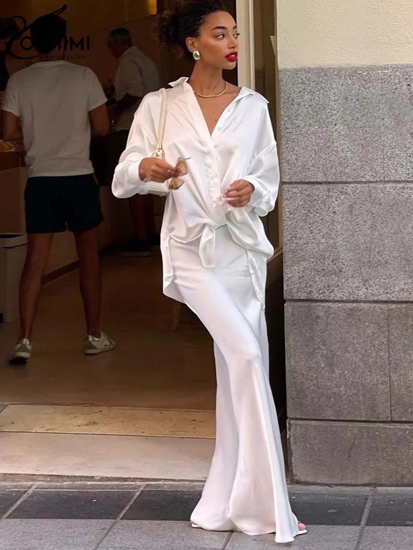 Top Trends: Oymimi Fashion White Satin Women Two Piece Set Elegant Long Sleeve Button Side Slit Shirts And Simple Slim Straight Skirts Sets Shoppable Styles