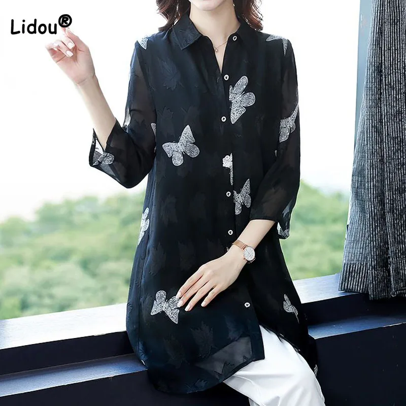 Top Trends: Fashion Women's Casual Printed Spliced Chiffon Shirt Summer Korean All-match 3 / 4 Sleeve Single-breasted Blouse Female Clothing Shoppable Styles