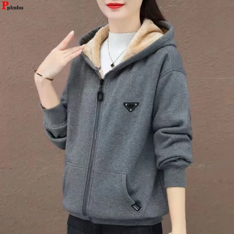 Top Trends: Autumn Winter Warm Casual Zip Up Fleece Hooded Faux Lambswool Lined Sweatshirt Women Loose Thick Long Sleeve Hoodies Tops Shoppable Styles