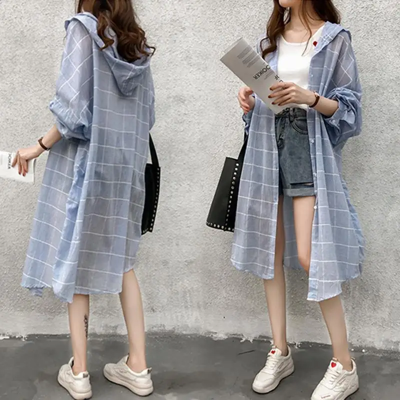 Top Trends: Outer Jacket Plaid Shirt Women's Clothing Hooded Mid-length Sun Protection Clothing Plus Size Loose Cardigan Coat Clear Jacket Shoppable Styles