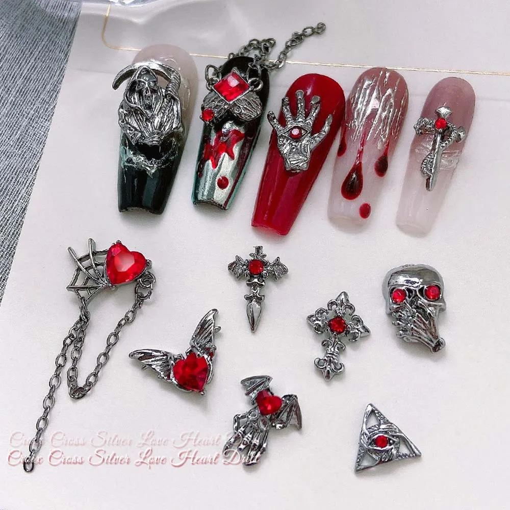 Top Trends: 10Pcs Halloween Chain Pendant Nail Art Charms 3D Cross Skeleton Love Inlaid Red Black Gemstone Nail Decoration DIY Nail Supplies Shoppable Styles