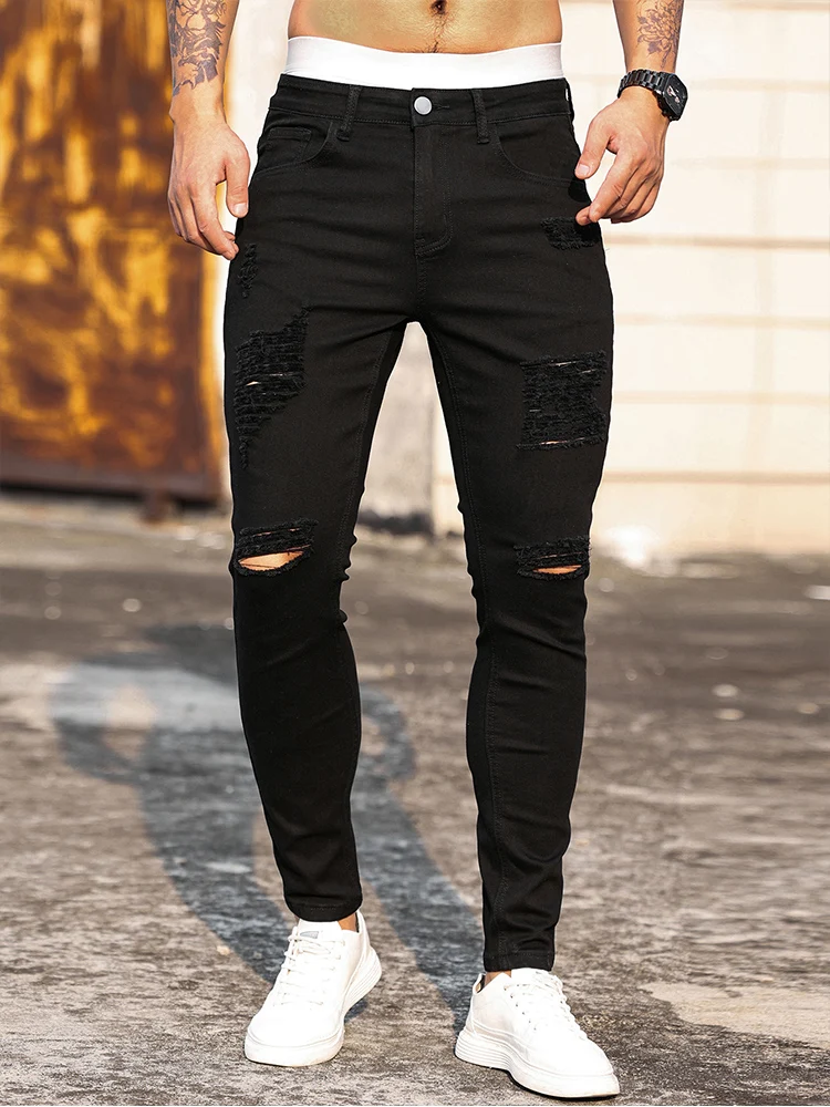 Top Trends: Streetwear Fashion Black Ripped Skinny Jeans Men Slim Hip Hop Denim Trousers New Spring Casual Jeans For Men Jogging Jean Homme Shoppable Styles