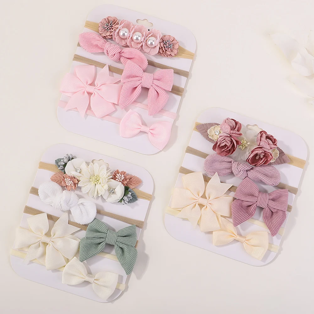 Top Trends: 5pcs / Lot Nylon Elastic Bow Headband Baby Solid Knot Flower Fabric Hairbow Set Kids HairBands Handmade Girls Hair Accessories Shoppable Styles