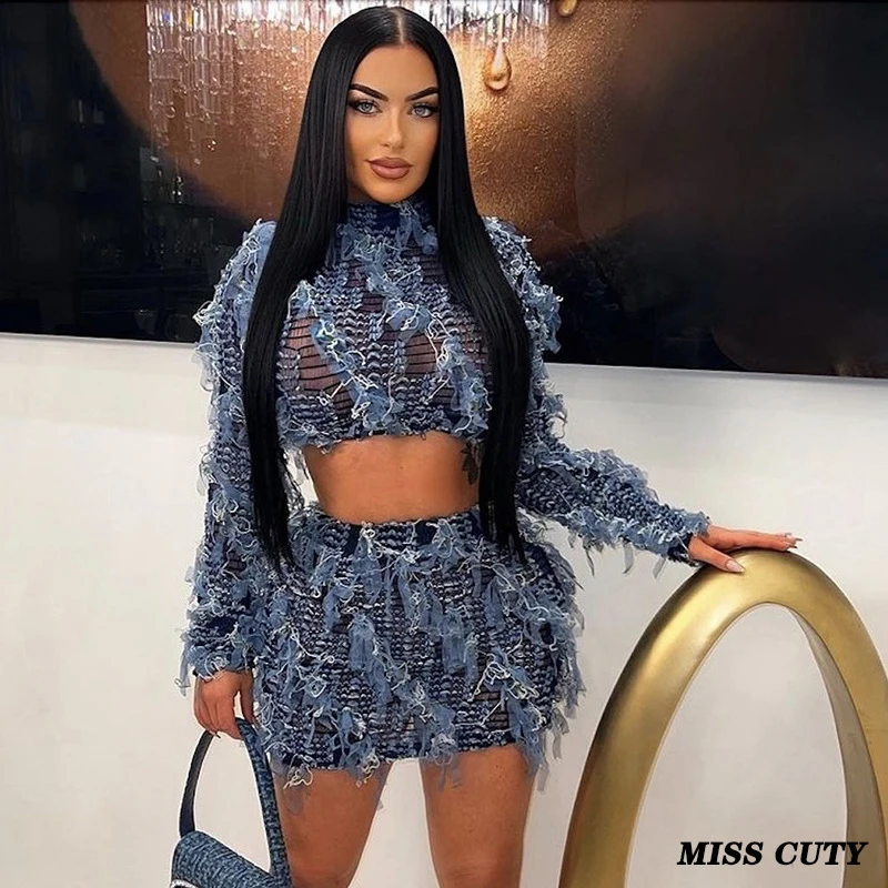 Top Trends: Fringe Tops Two Piece Skirt Set 2023 Women Winter Fall Outfits Luxury Elegant Sexy Crop Top Tassel Dress Club 2 Piece Skirt Sets Shoppable Styles