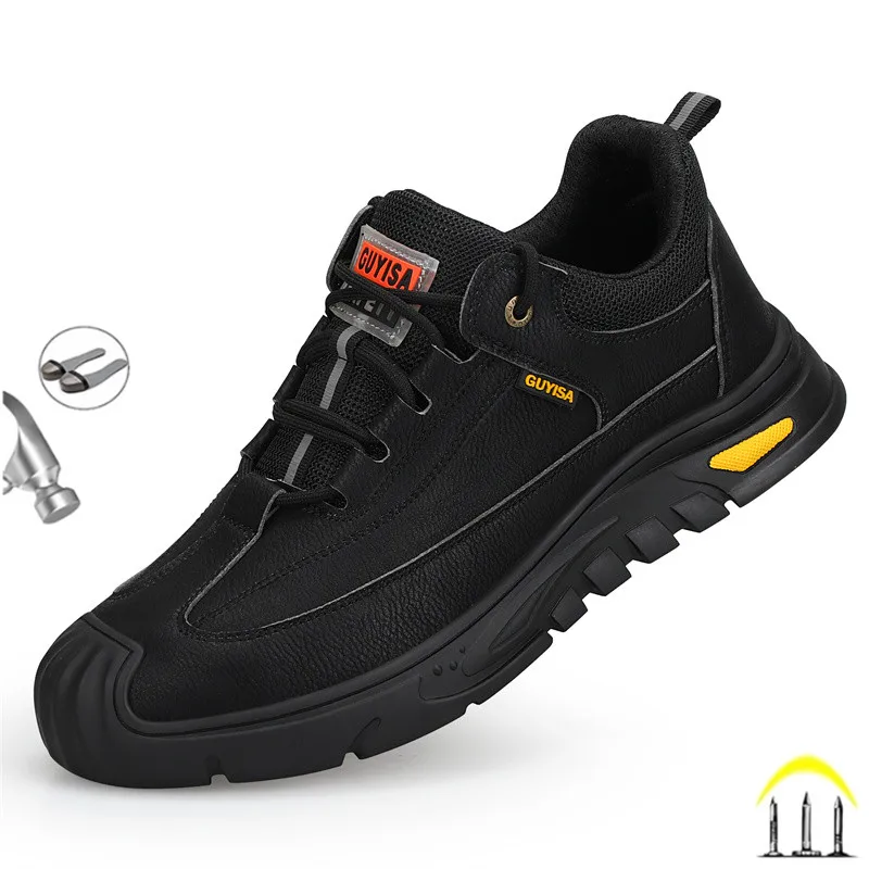 Top Trends: Black Leather Work Safety Shoes Waterproof Indestructible Steel Toe Cap Labor Shoes For Men Breathable Anti Smashing Sneakers Shoppable Styles