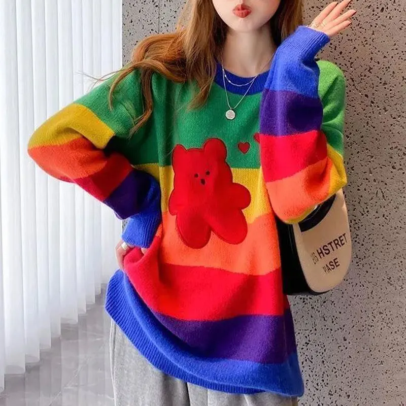 Top Trends: Korean Color Striped Knitted Sweaters Fashion Bear Embroidery Female Clothing Round Neck Autumn Winter Long Sleeve Loose Jumpers Shoppable Styles