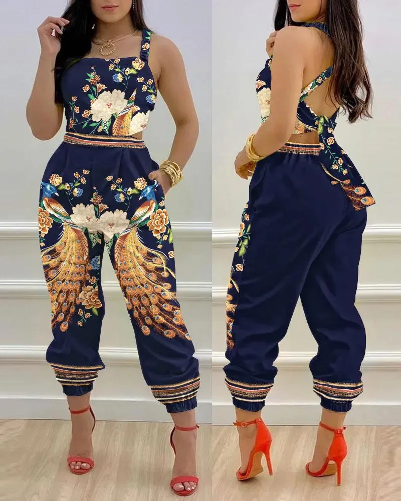 Top Trends: Summer Sleeveless Long Jumpsuit Women Fashion Casual Printing Square Neck Sleeveless Hollowed-out Backless Jumpsuit Women Shoppable Styles