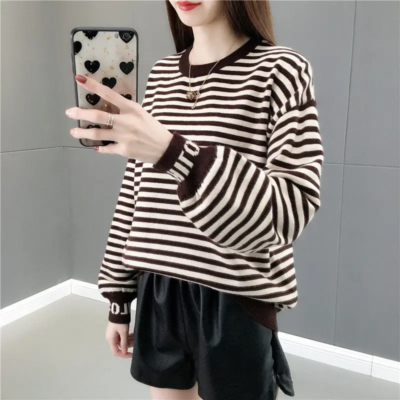 Top Trends: Fashion Letter Knitted Striped Sweatshirts Female Clothing 2023 Autumn Winter New Oversized All-match Tops Casual Sweatshirts Shoppable Styles