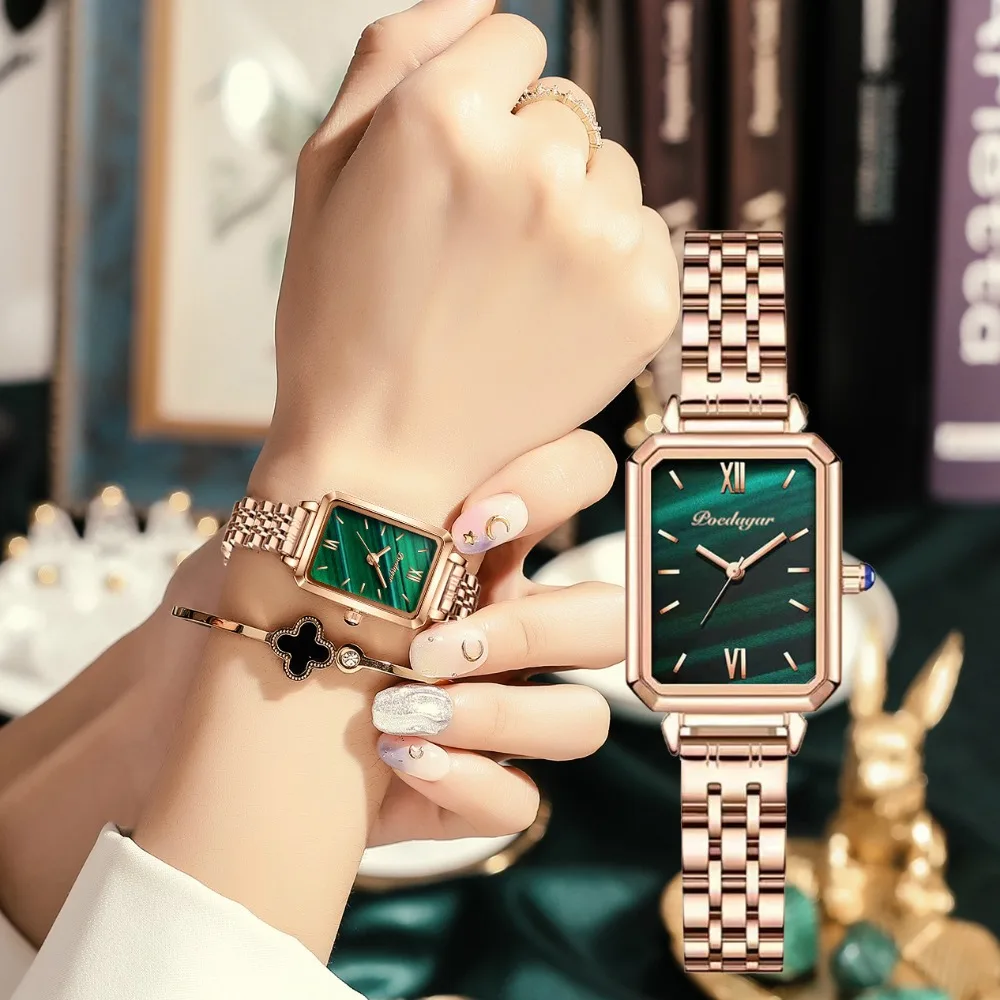 Top Trends: Women&#039;s Watch Waterproof Green Rectangle Dial Luxury Quartz Watch For Women Stainless Steel Band Wristwatch Reloj Mujer With Box Shoppable Styles