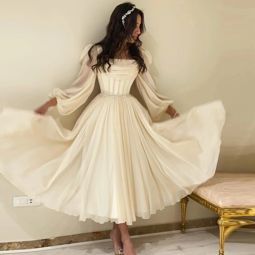 Top Trends: Sulead Dress Dubai Beige Short Arabic Evening Dress With Long Sleeves Square Neck Tea Length Midi Women Wedding Party Gowns Shoppable Styles - Image 5