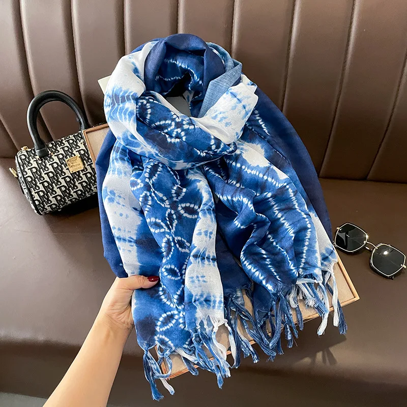 Top Trends: African Indian Navy Blue Floral Tassel Viscose Scarf High Quality Print Shawls And Wraps Pashmina Stole Long Soft Muslim Hijab Shoppable Styles - Image 4