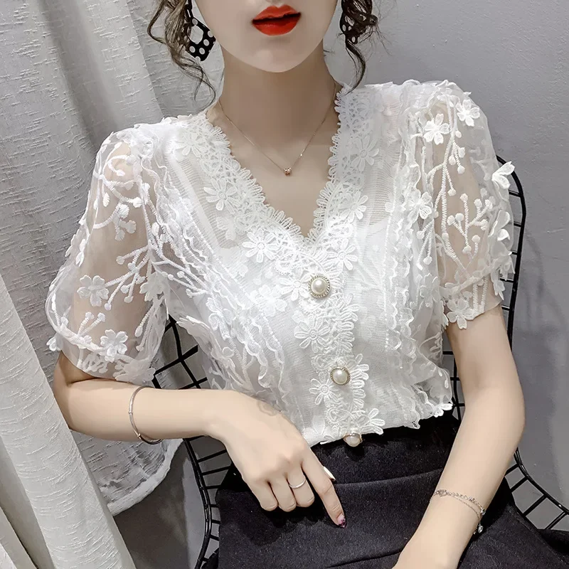 Top Trends: Lace Tops Women Pearls V-neck Chiffon Short Sleeve Shirt Flower Blouse Printed Floral Transparent Women Sexy Crop Top Blouses Shoppable Styles