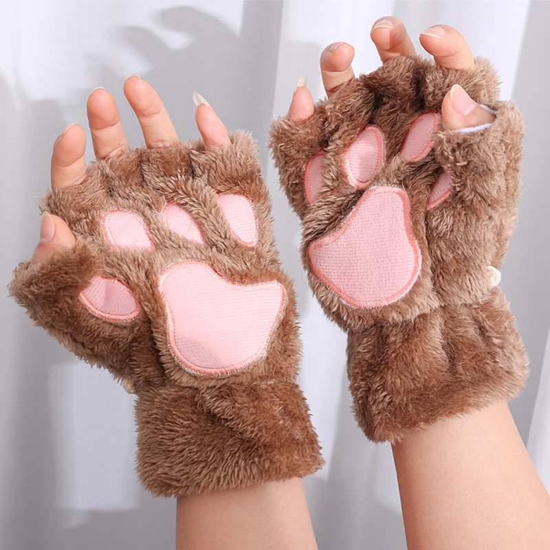 Top Trends: Soft Warm Plush Fingerless Panda Gloves Flip Half Finger Mittens Women Winter Cute Cat Paw Fluffy Glove Girls Christmas Gifts Shoppable Styles - Image 3