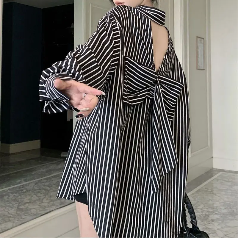 Top Trends: Fashion Backless Bow Blouse Women&#039;s Clothing Korean Loose Polo-Neck Spring Autumn Commute Basic Striped Single-breasted Shirt Shoppable Styles