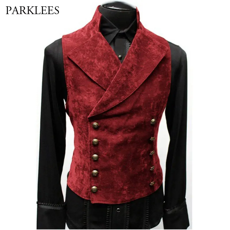 Top Trends: Vintage Red Suede Suit Vest Men 2022 Brand Double Breasted Suit Vests Waistcoat Casual Slim Sleeveless Steampunk Gilet Homme 3XL Shoppable Styles