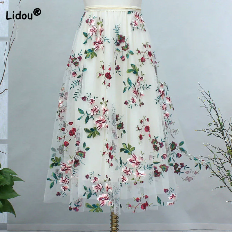 Top Trends: Elegant Fashion Female Embroidery Mesh Skirt 2023 Summer A-Line Elastic High Waist Temperament Midi Skirts Women&#039;s Clothing Shoppable Styles