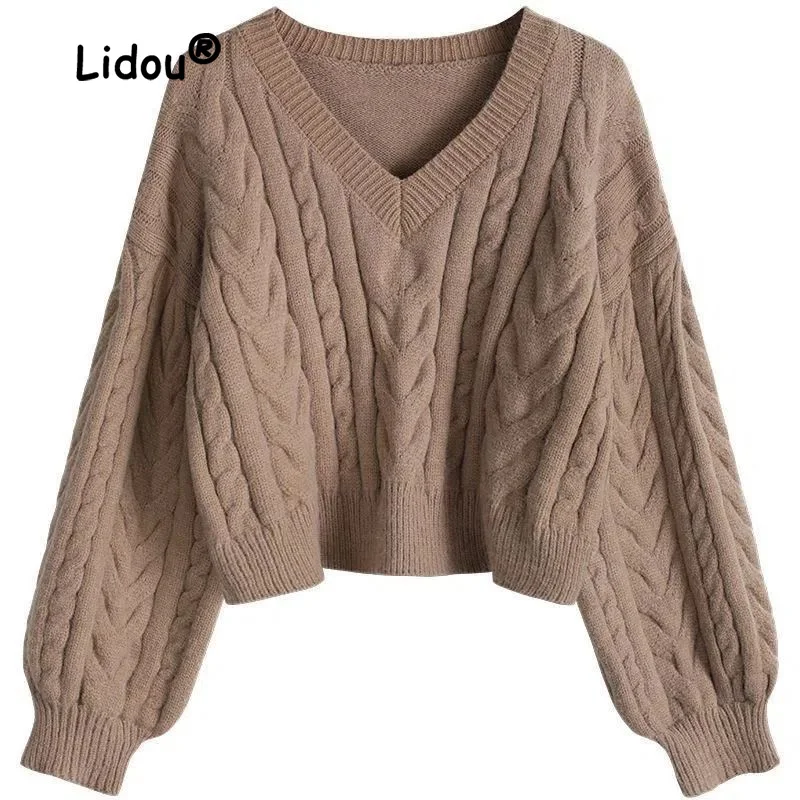 Top Trends: Fashion Autumn Winter Solid Color Sweaters Women New Classic Puff Sleeve Short Loose V-neck All-match Knitting Pullover Top 2022 Shoppable Styles