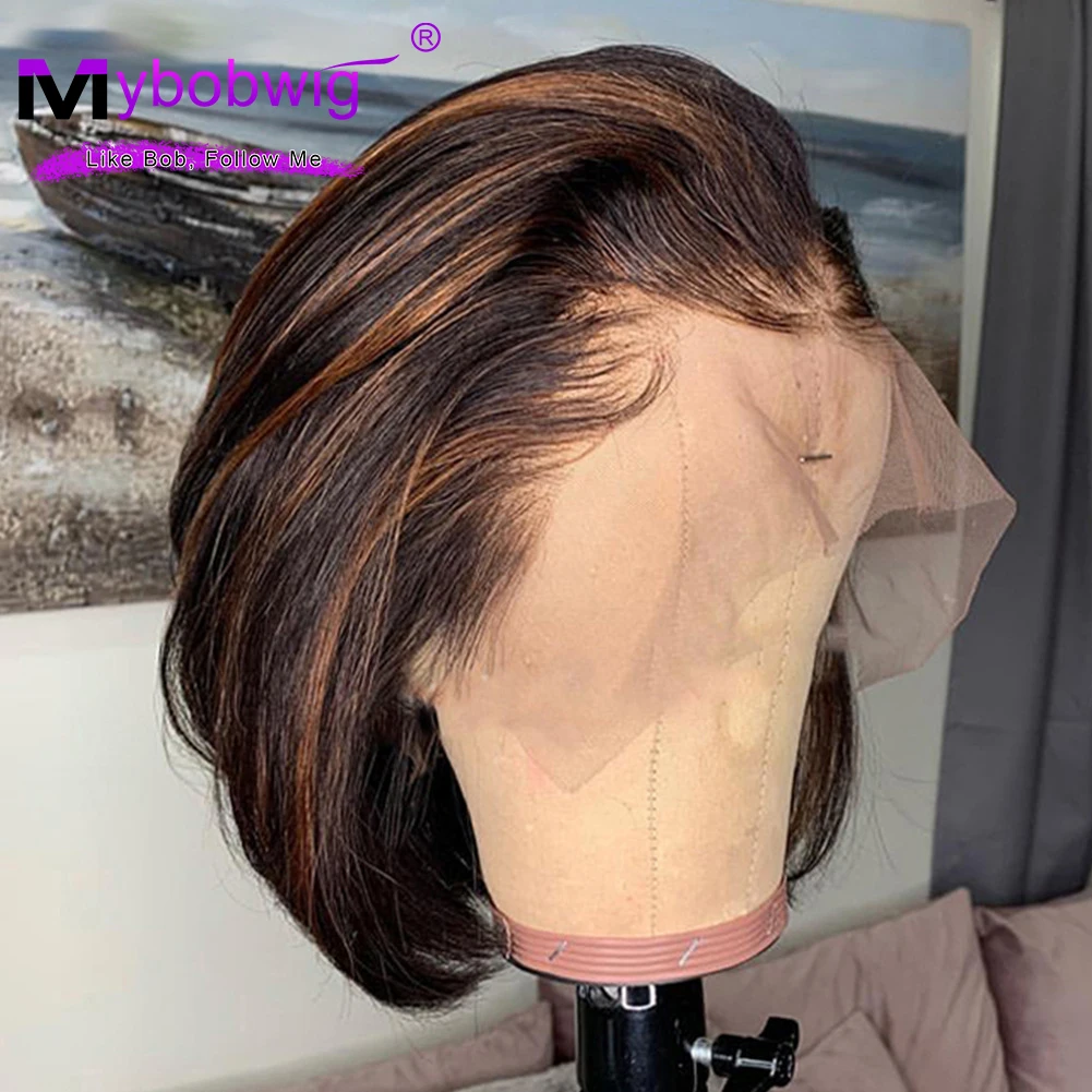 Top Trends: 13x2 Highlight Straight Transparent Lace Front Human Hair Brazilian Remy Wigs For Women Pre Plucked Short Bone Bob Wigs 10inches Shoppable Styles