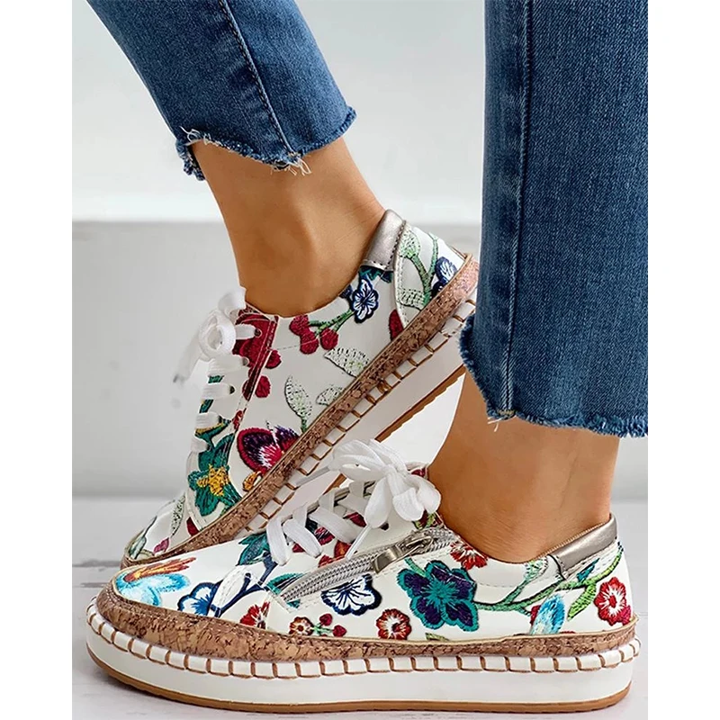 Top Trends: New Women Sneakers Elegant Floral Printed Lace Up Female Flat Shoes Fashion Round Toe Lady Vulcanized Shoes Women Casual Shoes Shoppable Styles