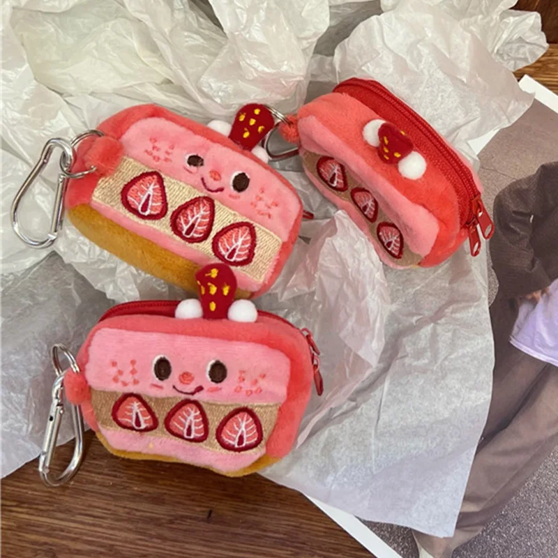 Top Trends: Strawberry Cake Lovely Earphone Case Pouch Plush Cartoon Cute Coin Purse Zipper Storage Bag Embroidery Pouch Keychain Pendant Shoppable Styles