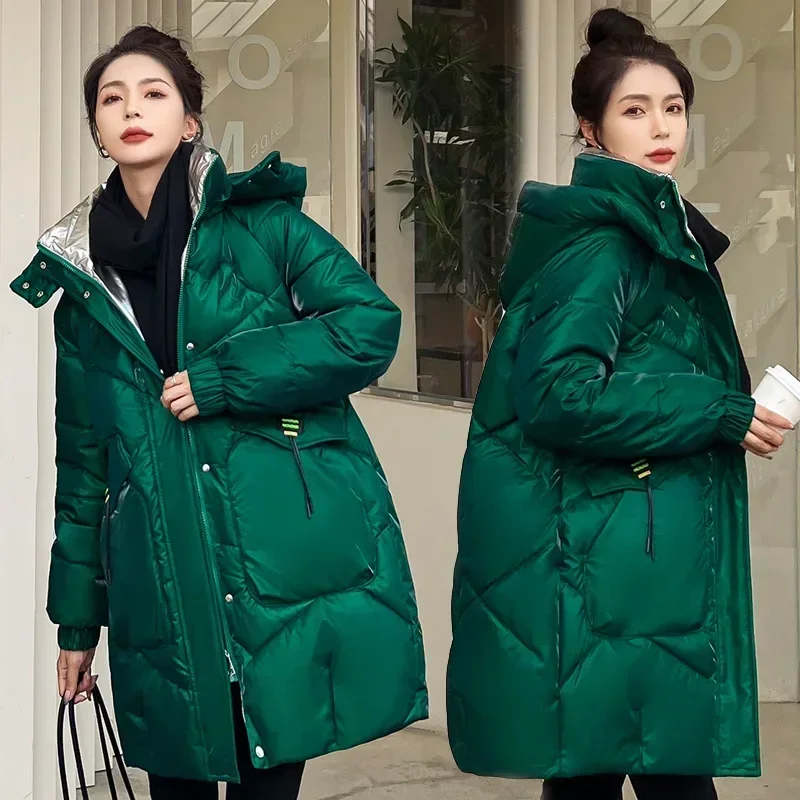 Top Trends: Female Large Size Hooded Long Parkas Down Cotton Coat Womens Bright Face Wash Free 2024 Winter New Korean Loose Padded Jacket Shoppable Styles - Image 2