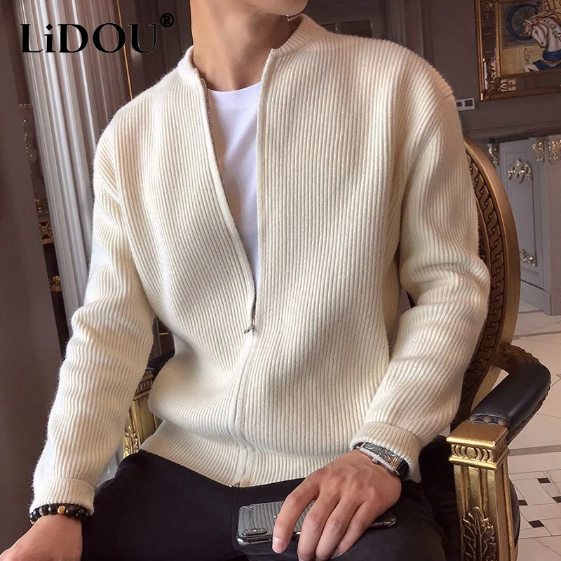 Top Trends: Autumn Winter Solid Color Long Sleeve Cardigan For Men Zipper Casual Sweaters Man Loose Fashion Streetwear Chic Male Clothes Shoppable Styles