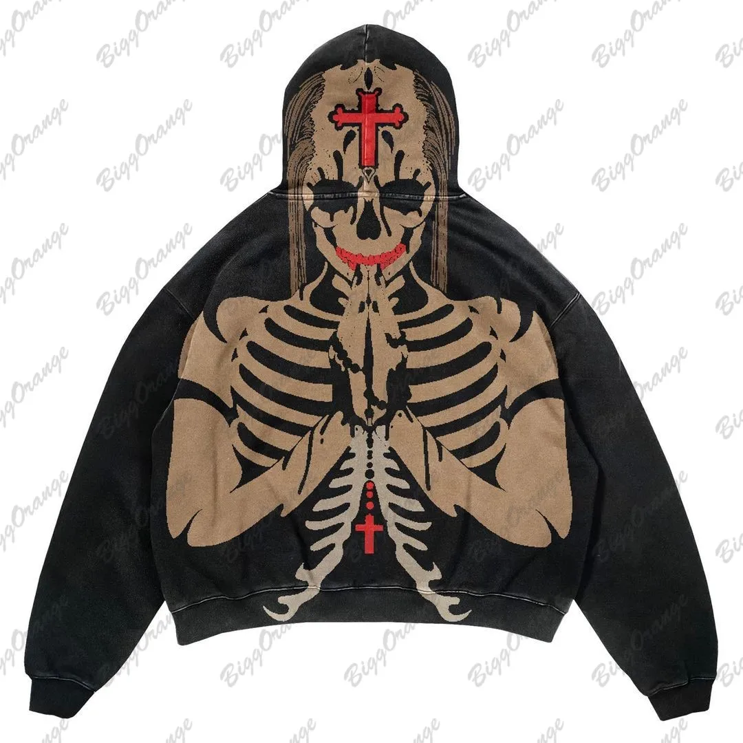 Top Trends: Europe And America Autumn And Winter Y2k New Dark Pious Skeleton Hoodie Printed Loose Street Style Black Top Hoodies Women Shoppable Styles