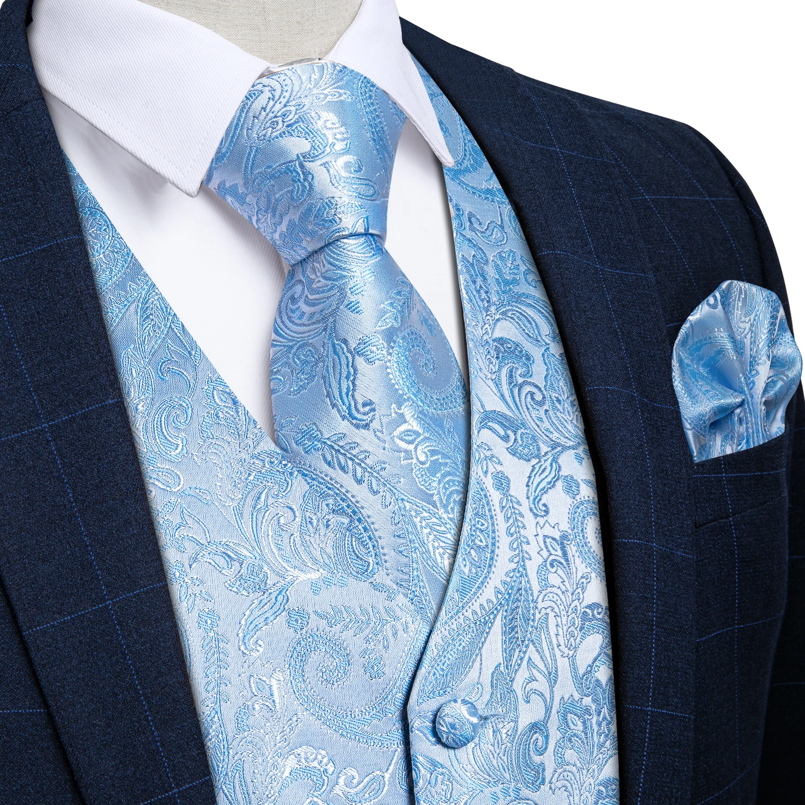 Top Trends: Luxury Paisley Light Blue Men&#039;s Vest Necktie Pocket Square Cufflinks Set Chaleco Formal Sleeveless Waistcoat For Man Accessory Shoppable Styles