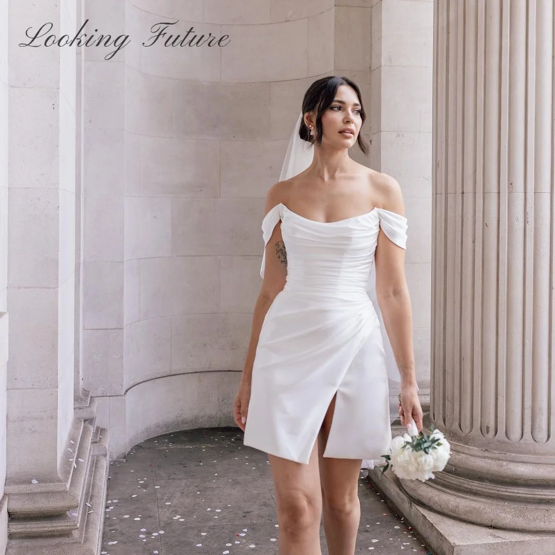 Top Trends: Morden Simple O Neck Party White Short Wedding Dress Cap Sleeve 2024 Mini Tiered Side Split Bride Gown Above Knee Bridal Dress Shoppable Styles