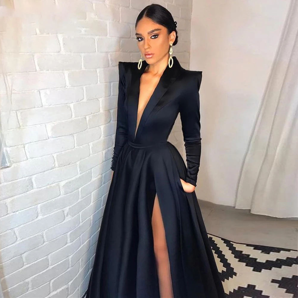 Top Trends: Lily Simple Black Prom Dress Long A Line Evening Dress Side Split V-Neck Long Sleeves Formal Prom Dress Arabic Dubai Party Gowns Shoppable Styles