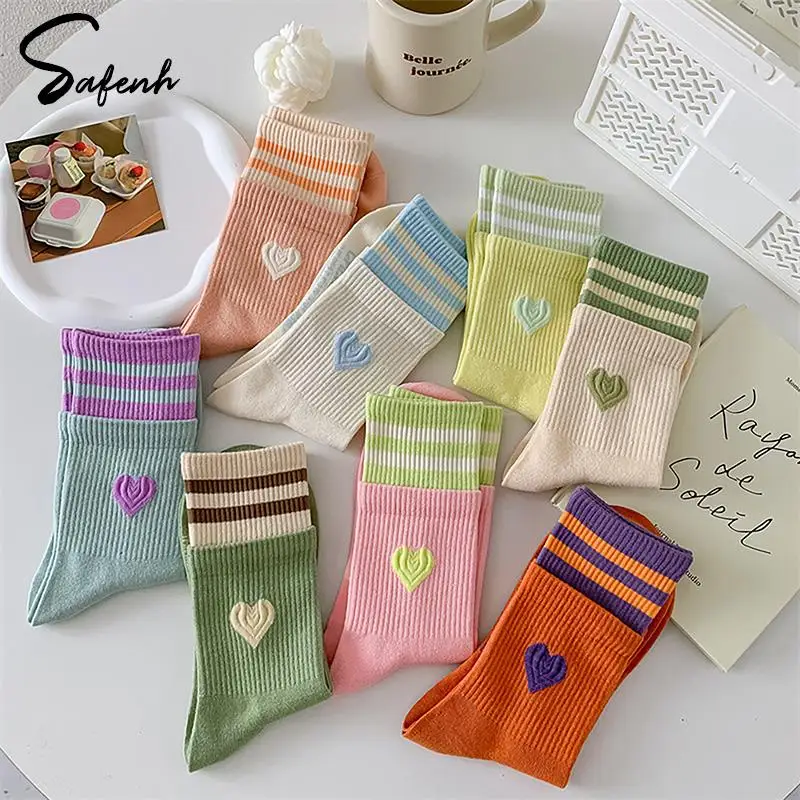 Top Trends: Sweet Girl Sock Japanese Korean Style Women Socks Macaroon Color Love Heart Embroidered Cotton Sock Harajuku Striped Calcetines Shoppable Styles