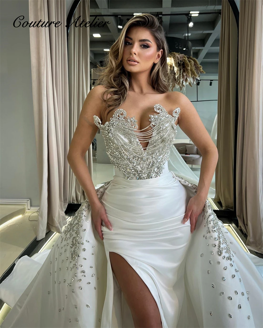 Top Trends: Popular Crystal Tassel Strapless Wedding Dress With Train Bridal Gowns Side Split Satin Bride Gowns Elegant Vestido De Novia Shoppable Styles