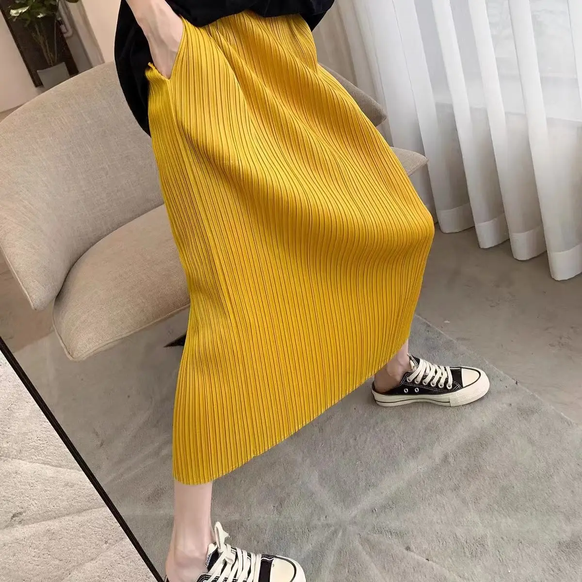 Top Trends: Long Straight Elastic Pleated Skirt In Pleated Skirt Black Loose Fit Summer Vintage Faldas Skirt Korean Fashion Clothing Shoppable Styles