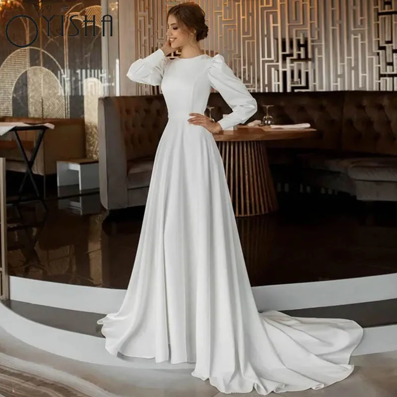 Top Trends: OYISHA Bridal Wedding Dress Muslim Puff Long Sleeves O-Neck Satin Modern Style A-Line Sweep Train Robe De Mariée 2024 Bridal Shoppable Styles