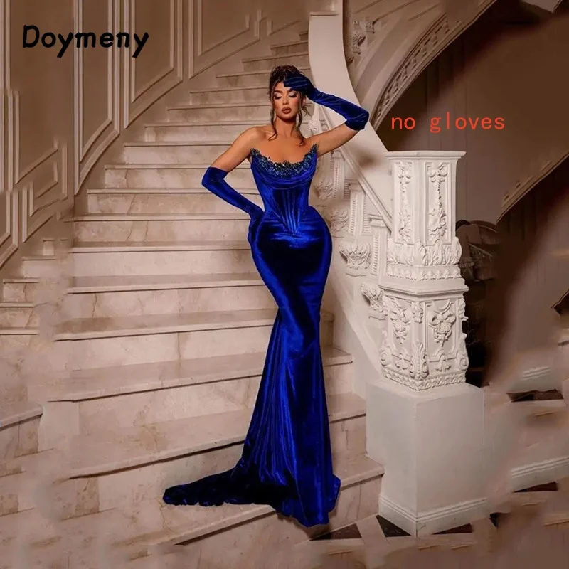 Top Trends: Doymeny Velvet Prom Dress Mermaid Crystal Beaded Sweep Train Evening Gown Strapless Sleeveless Custom Made Robes De Mariée Shoppable Styles