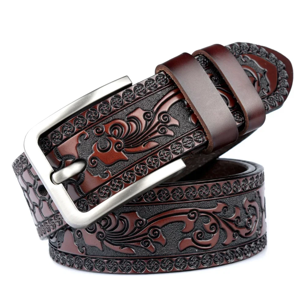 Top Trends: Men's Carve Pattern Genuine Leather Belt Pin Buckle Waistband Pure Cowhide Jeans Vintage Punk Luxury Fashion High-grade Belt Shoppable Styles