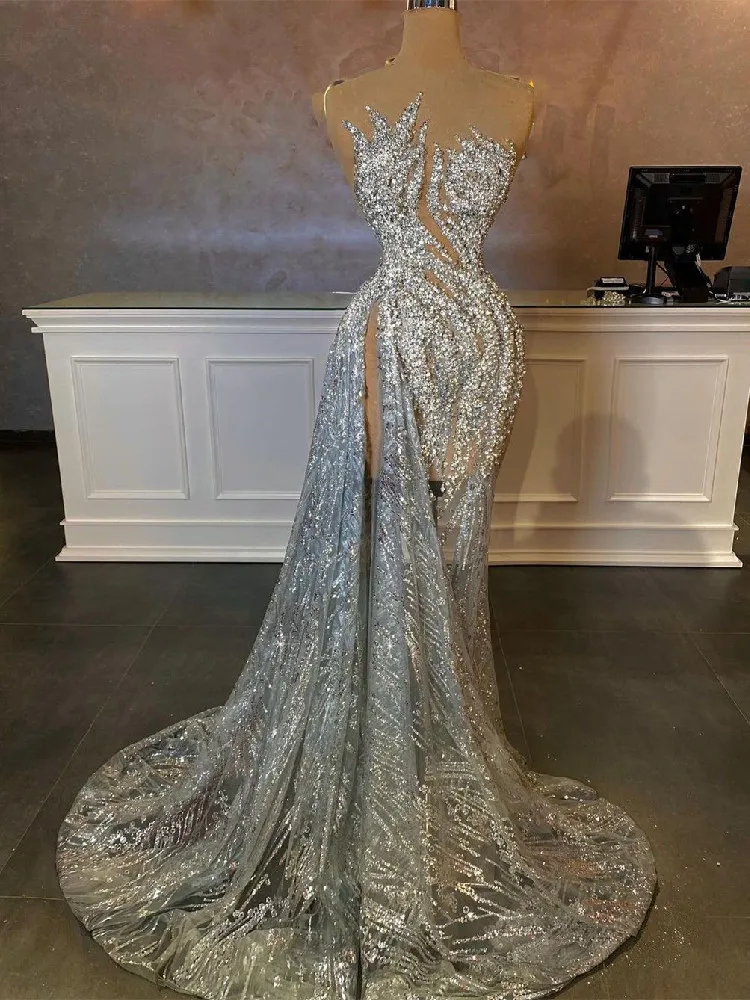 Top Trends: Sparkly Mermaid Evening Dresses V Neck Sleeveless Sequins Lace 3D Lace Hollow Side SlitBeaded Appliques Prom Dresses Custom Made Shoppable Styles