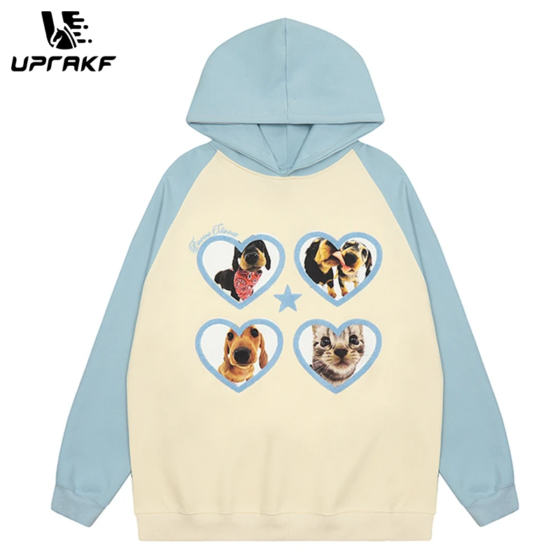 Top Trends: UPRAKF Streetwear Hooded Sweatshirt Star Heart Embroidery Cute Dog Cat Graphic Printing Patchwork Fashion Pullovers Cotton Shoppable Styles